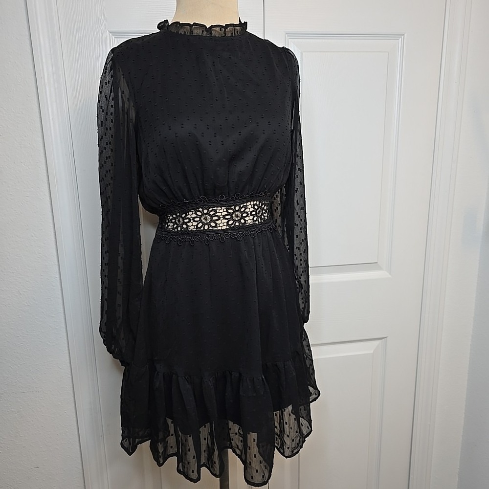 Heart & Heels Black dress Cut Out transparent sleeve polka dots eyelet M Ruffle‎